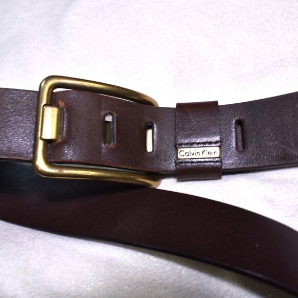Calvin Klein Womens Brown Leather Belt Size 34 Large Gold Buckle - Picture 9 of 9